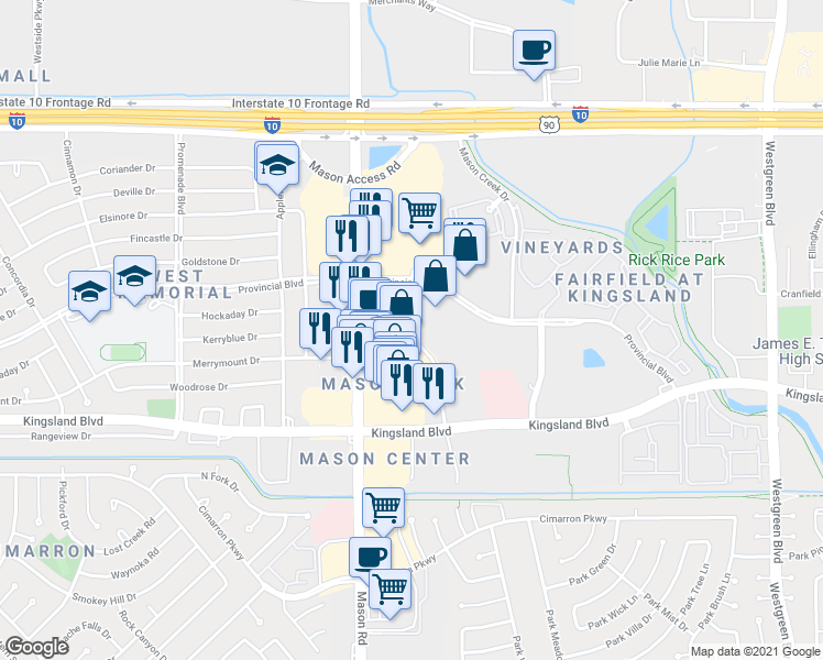 map of restaurants, bars, coffee shops, grocery stores, and more near 468 Park Grove Lane in Katy