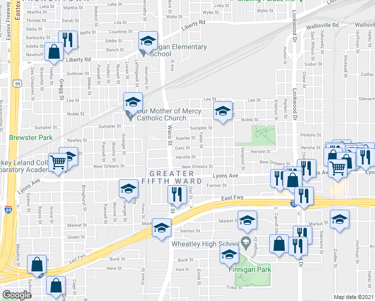 map of restaurants, bars, coffee shops, grocery stores, and more near 1817 Dan Street in Houston