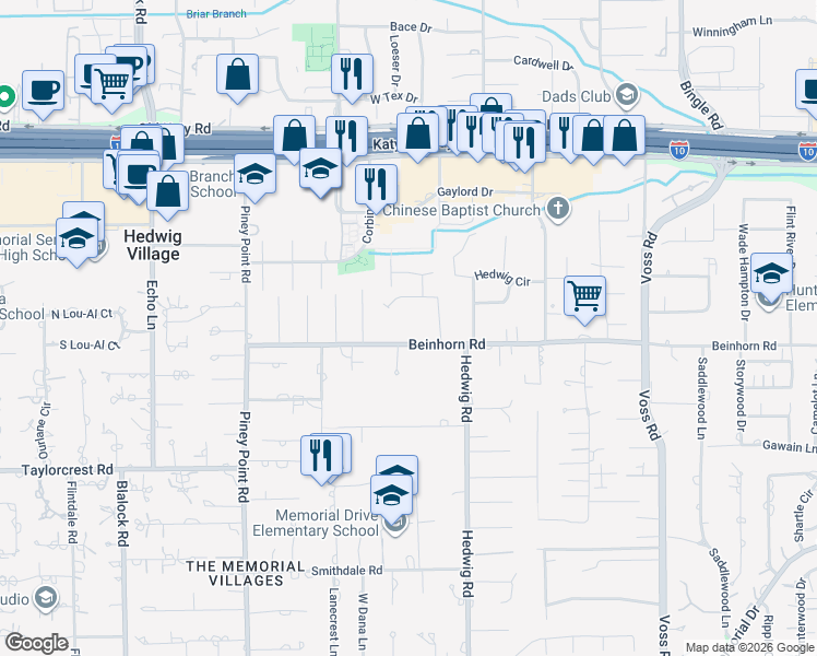 map of restaurants, bars, coffee shops, grocery stores, and more near 11118 Beinhorn Road in Houston