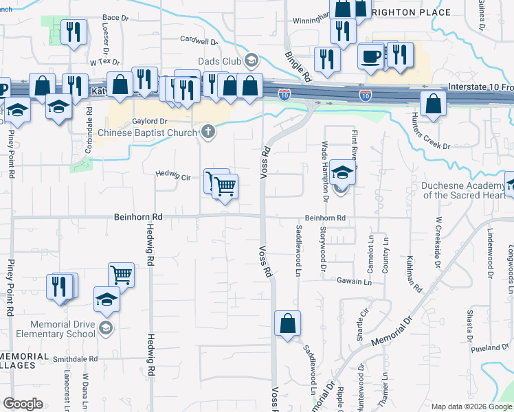 map of restaurants, bars, coffee shops, grocery stores, and more near 10803 Oak Creek Street in Houston