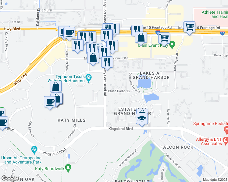 map of restaurants, bars, coffee shops, grocery stores, and more near 24751 Grand Harbor Drive in Katy