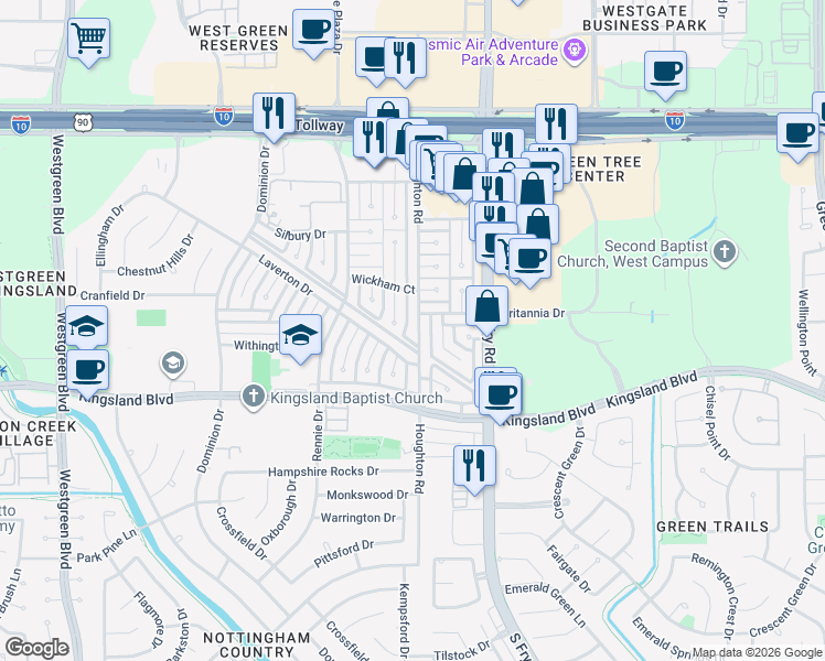 map of restaurants, bars, coffee shops, grocery stores, and more near 622 Houghton Road in Katy