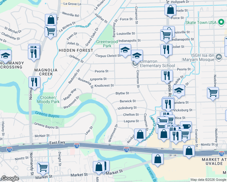 map of restaurants, bars, coffee shops, grocery stores, and more near 13017 Blythe Street in Houston