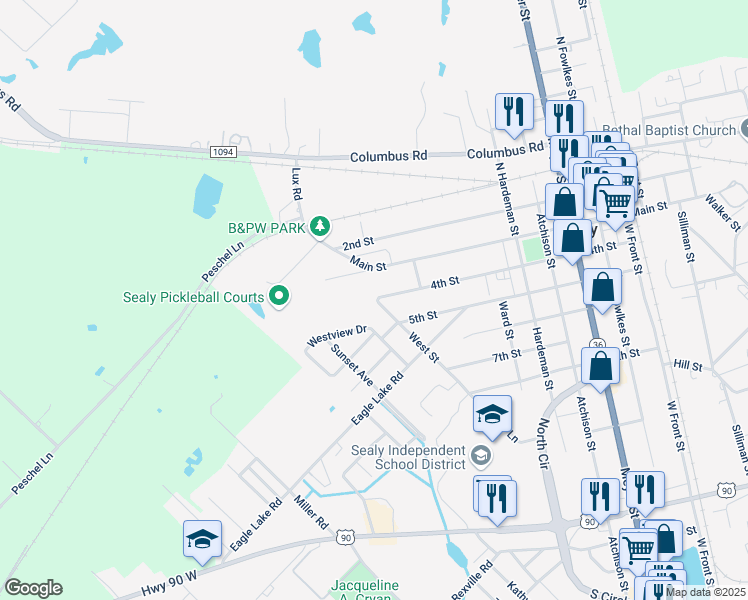 map of restaurants, bars, coffee shops, grocery stores, and more near 877 4th Street in Sealy