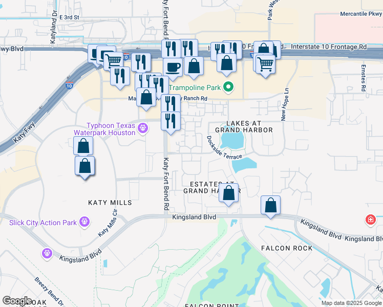 map of restaurants, bars, coffee shops, grocery stores, and more near Grand Harbor Drive in Katy