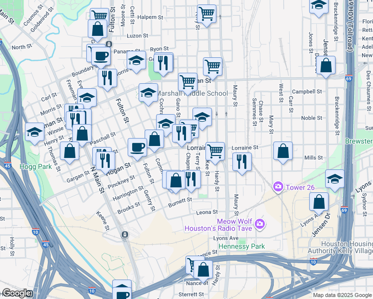 map of restaurants, bars, coffee shops, grocery stores, and more near 1816 Chapman Street in Houston