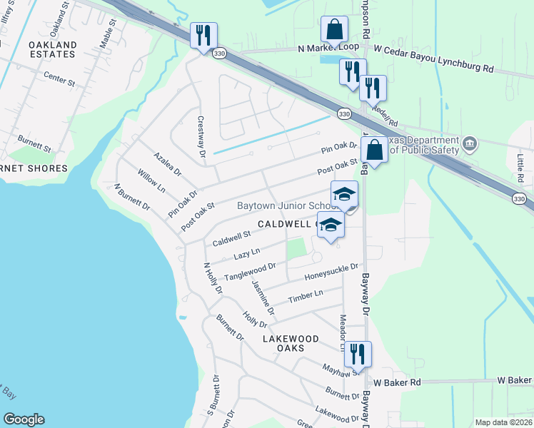 map of restaurants, bars, coffee shops, grocery stores, and more near 110 Red Bud Lane in Baytown