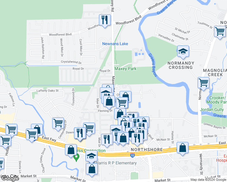 map of restaurants, bars, coffee shops, grocery stores, and more near 671 Maxey Road in Houston