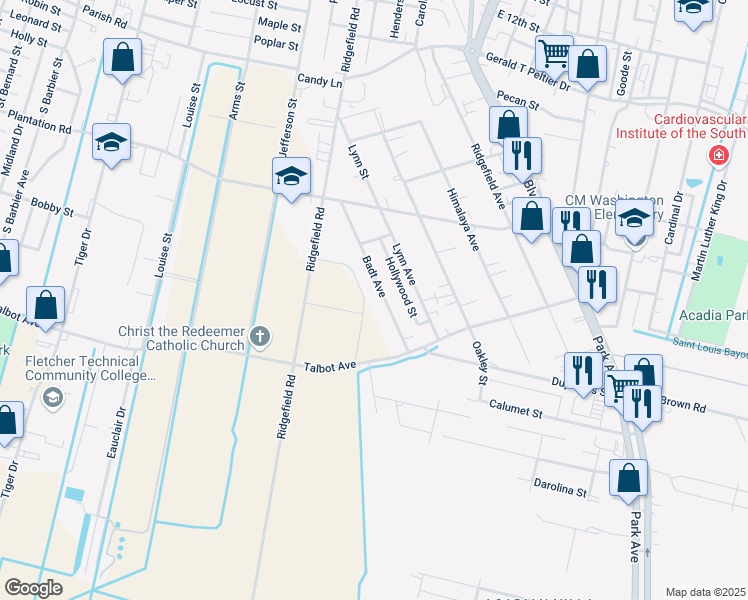 map of restaurants, bars, coffee shops, grocery stores, and more near 1807-1835 Badt Avenue in Thibodaux