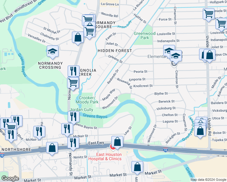 map of restaurants, bars, coffee shops, grocery stores, and more near 606 Maple Way in Houston