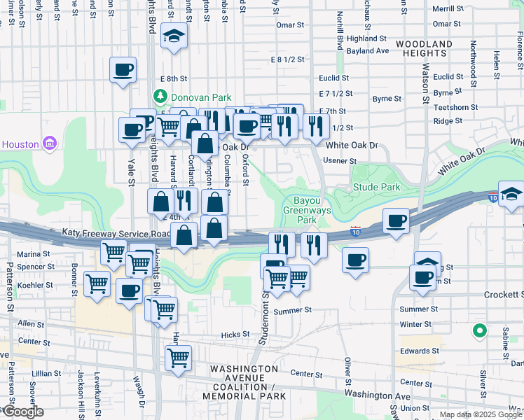 map of restaurants, bars, coffee shops, grocery stores, and more near 404 Oxford Street in Houston