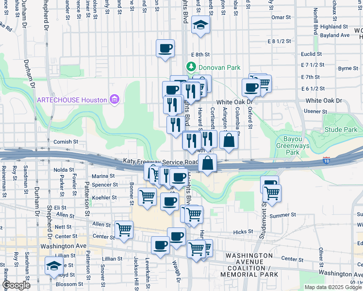 map of restaurants, bars, coffee shops, grocery stores, and more near 400 Yale Street in Houston