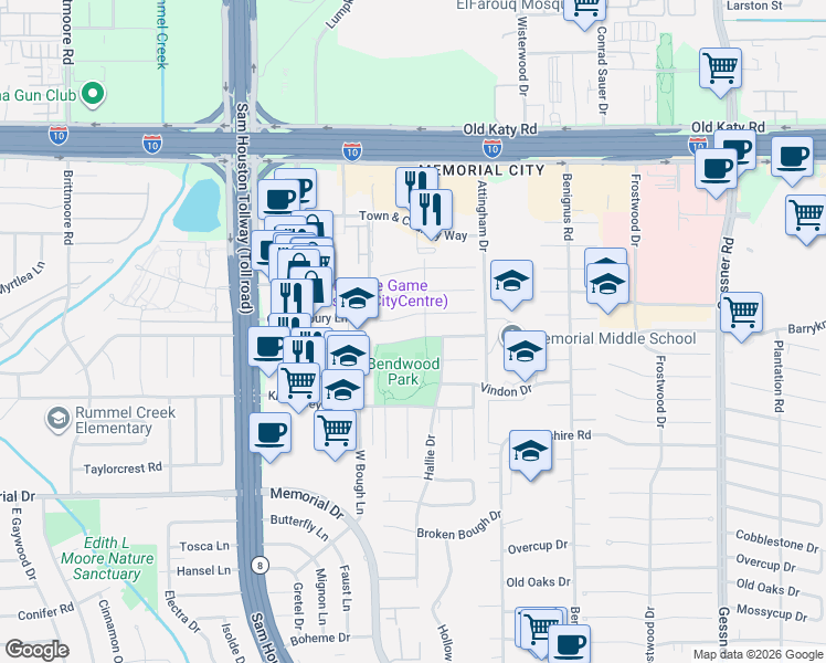 map of restaurants, bars, coffee shops, grocery stores, and more near 12702 Barryknoll Lane in Houston