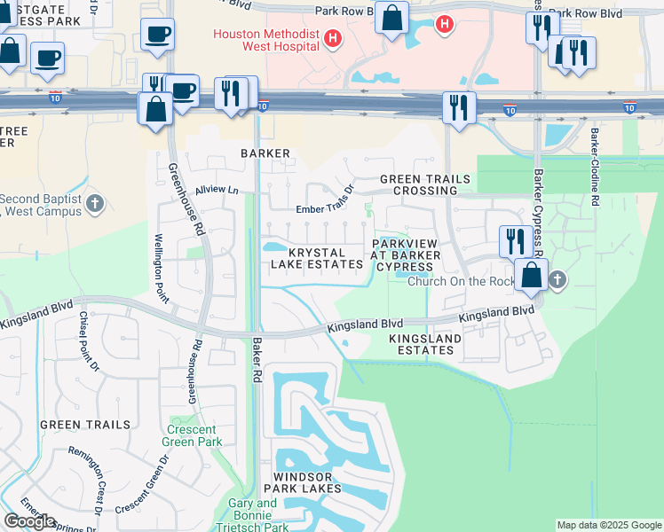 map of restaurants, bars, coffee shops, grocery stores, and more near 603 Caitlyn Court in Houston