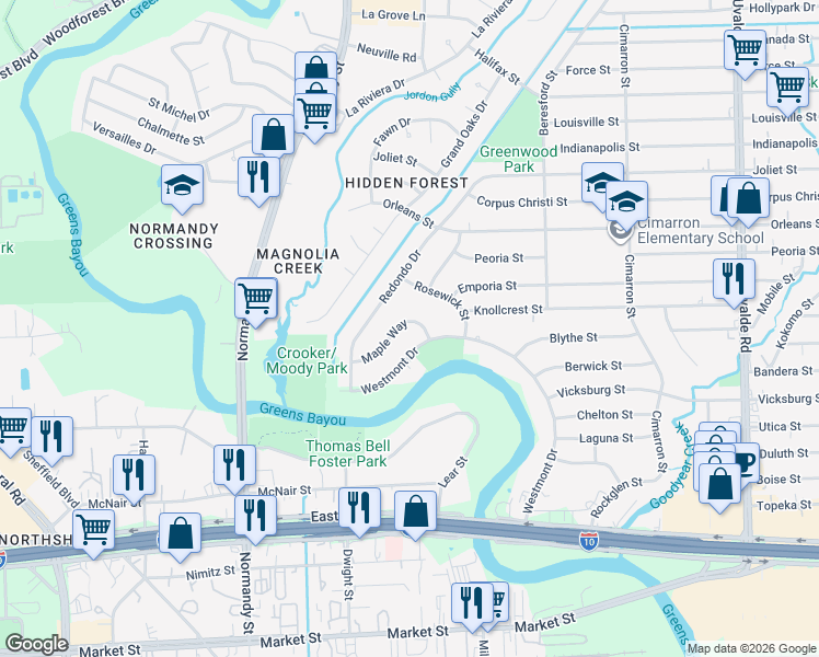 map of restaurants, bars, coffee shops, grocery stores, and more near 606 Maple Way in Houston