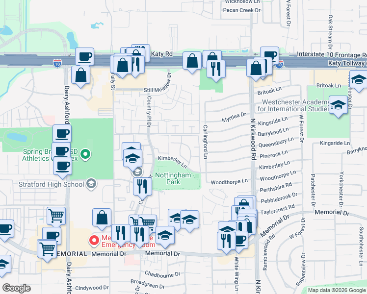 map of restaurants, bars, coffee shops, grocery stores, and more near 14250 Kimberley Lane in Houston