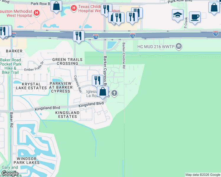 map of restaurants, bars, coffee shops, grocery stores, and more near 602 Sierra Breeze in Houston