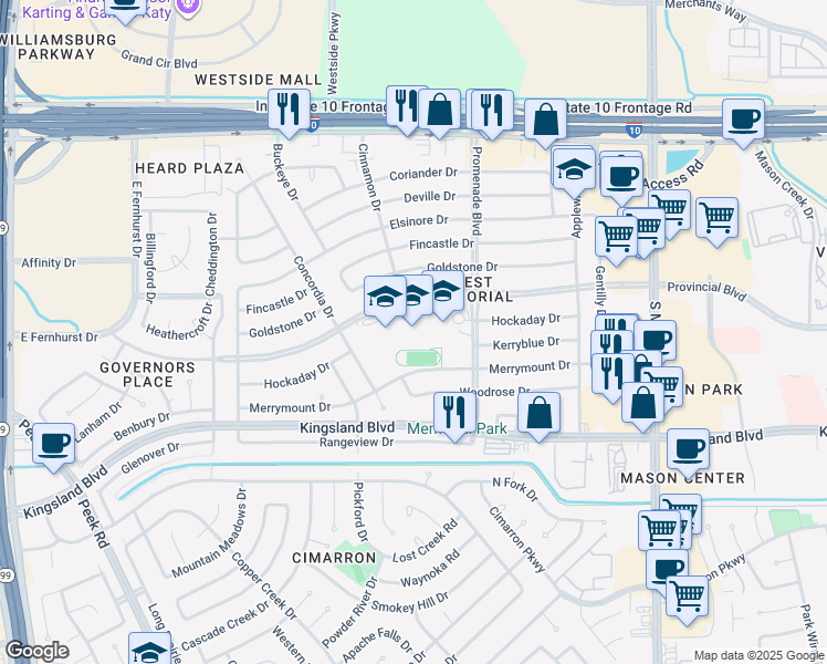 map of restaurants, bars, coffee shops, grocery stores, and more near 22311 Provincial Boulevard in Katy