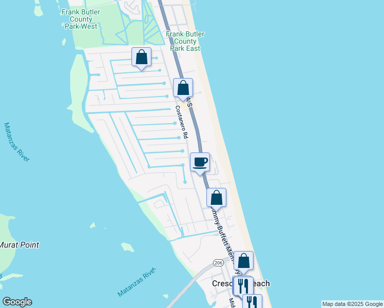 map of restaurants, bars, coffee shops, grocery stores, and more near 6288 Costanero Road in St. Augustine