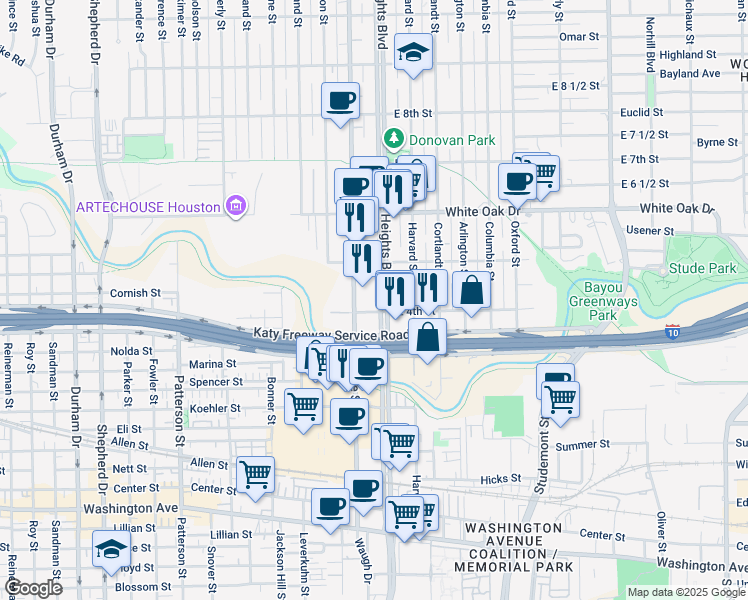 map of restaurants, bars, coffee shops, grocery stores, and more near 407 Heights Boulevard in Houston