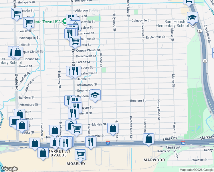 map of restaurants, bars, coffee shops, grocery stores, and more near 14115 Greenville Street in Houston