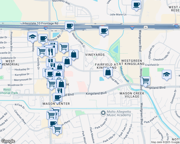 map of restaurants, bars, coffee shops, grocery stores, and more near 21559a Provincial Boulevard in Katy