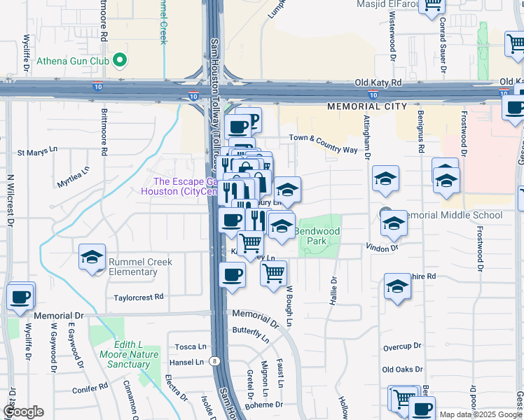 map of restaurants, bars, coffee shops, grocery stores, and more near 750 Town and Country Boulevard in Houston