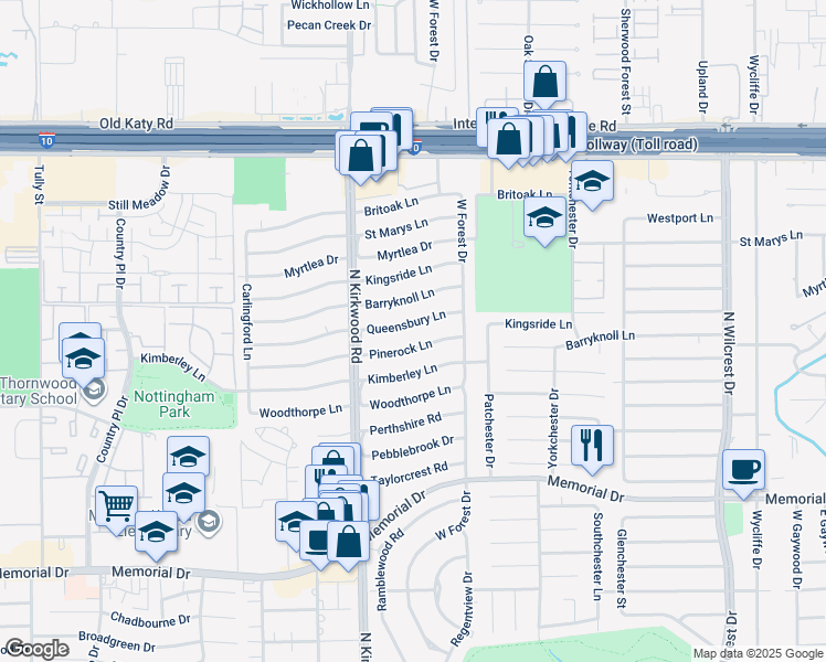 map of restaurants, bars, coffee shops, grocery stores, and more near 13826 Pinerock Lane in Houston