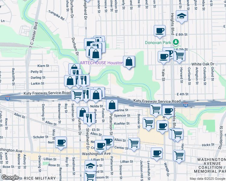 map of restaurants, bars, coffee shops, grocery stores, and more near 2200 Patterson Street in Houston
