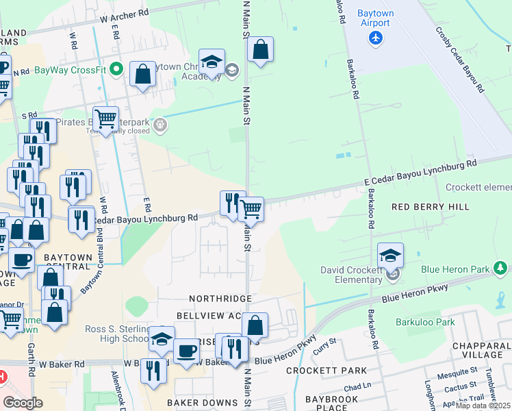 map of restaurants, bars, coffee shops, grocery stores, and more near 40 East Cedar Bayou Lynchburg Road in Baytown