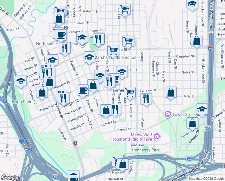 map of restaurants, bars, coffee shops, grocery stores, and more near 1816 Chapman Street in Houston