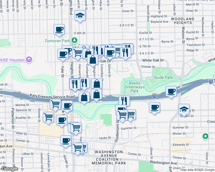 map of restaurants, bars, coffee shops, grocery stores, and more near 402 Columbia Street in Houston