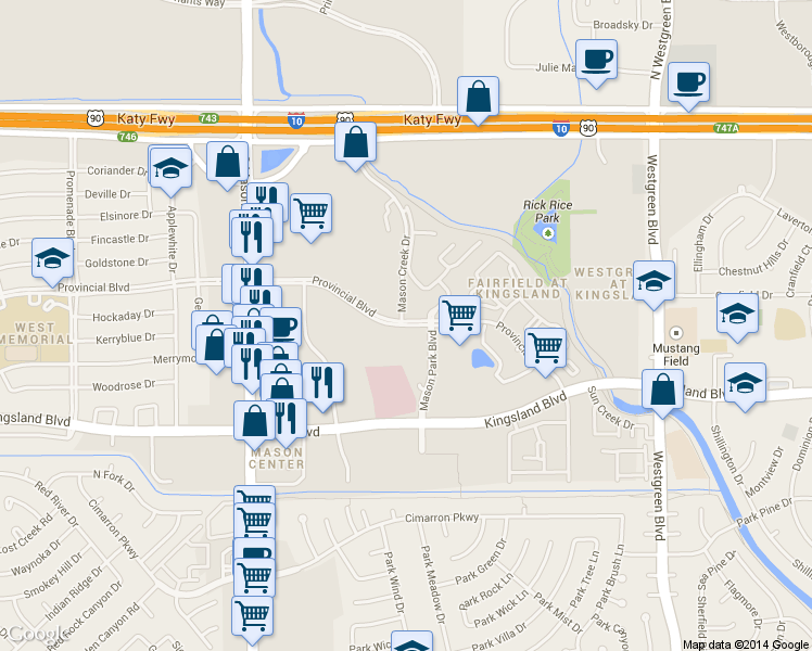 map of restaurants, bars, coffee shops, grocery stores, and more near 21557 Provincial Boulevard in Katy