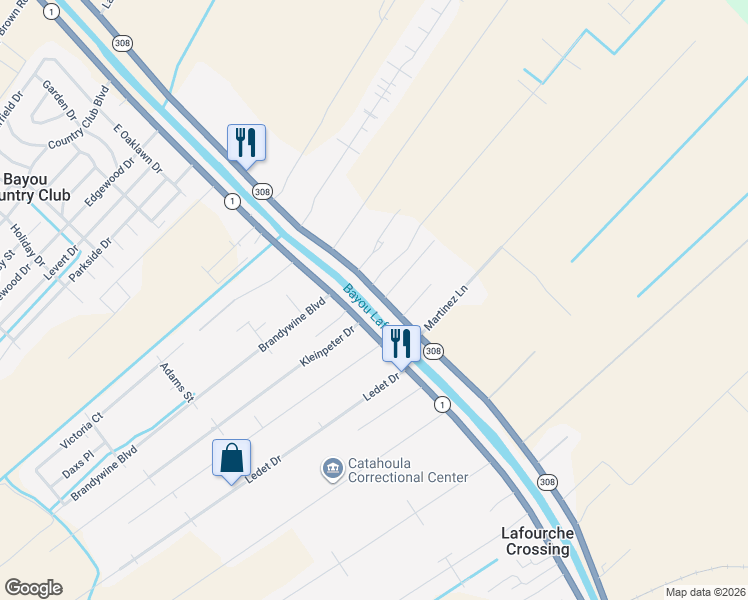 map of restaurants, bars, coffee shops, grocery stores, and more near 664-668 Highway 308 in Thibodaux