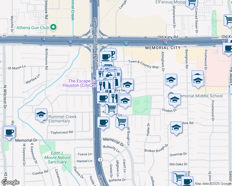 map of restaurants, bars, coffee shops, grocery stores, and more near 750 Town and Country Boulevard in Houston