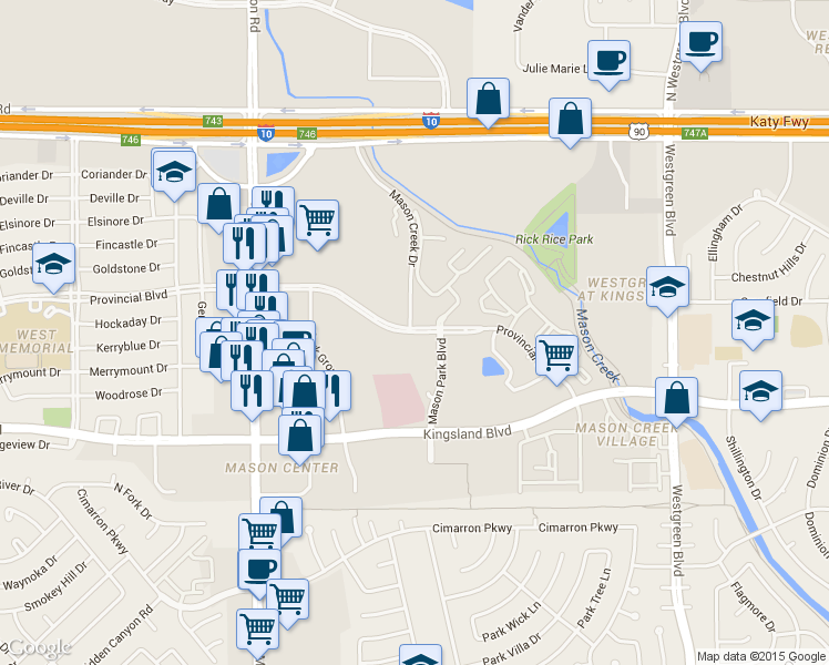 map of restaurants, bars, coffee shops, grocery stores, and more near 21557 Provincial Boulevard in Katy