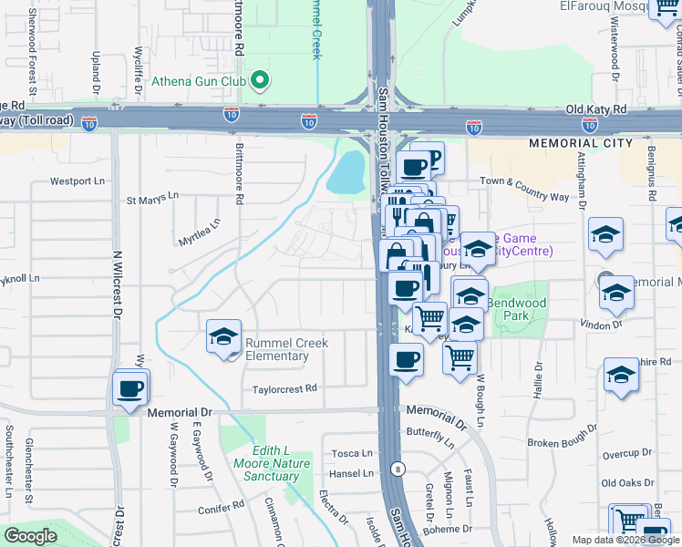 map of restaurants, bars, coffee shops, grocery stores, and more near 727 Diamond Leaf Lane in Houston