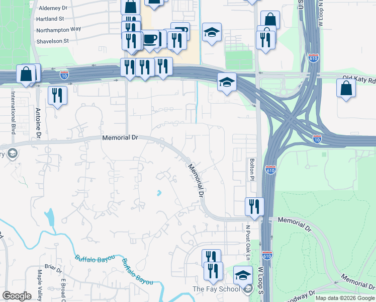 map of restaurants, bars, coffee shops, grocery stores, and more near 8922 Memorial Drive in Houston