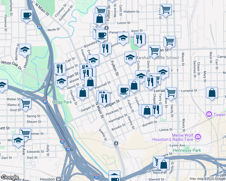 map of restaurants, bars, coffee shops, grocery stores, and more near 903 James in Houston