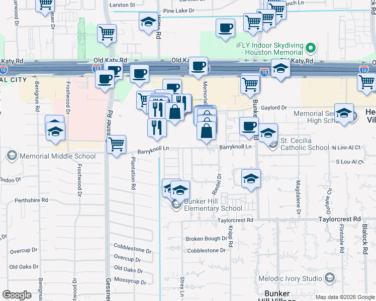 map of restaurants, bars, coffee shops, grocery stores, and more near 515 Strey Lane in Houston