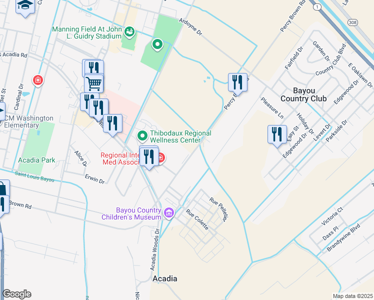 map of restaurants, bars, coffee shops, grocery stores, and more near 624 Percy Brown Road in Thibodaux