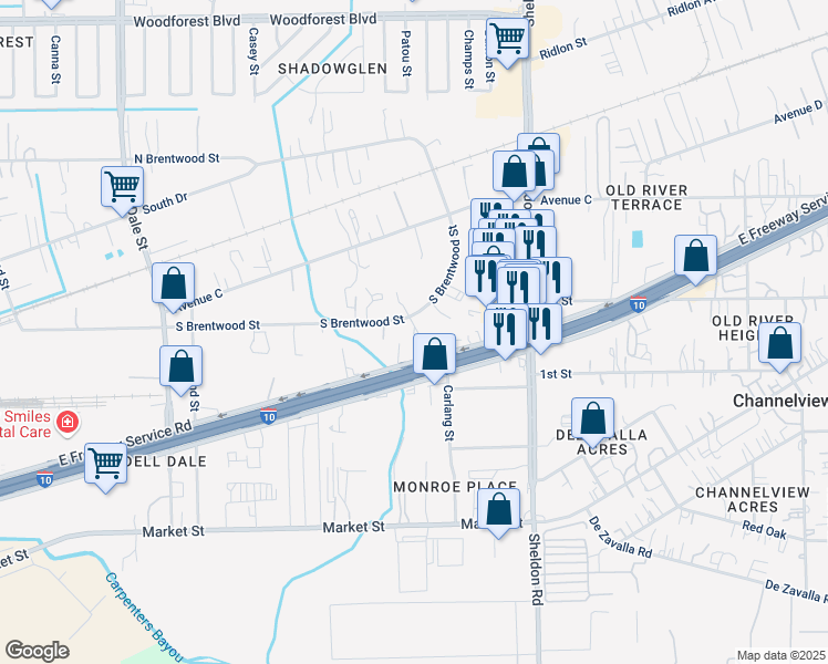 map of restaurants, bars, coffee shops, grocery stores, and more near 104 East Freeway Service Road in Channelview