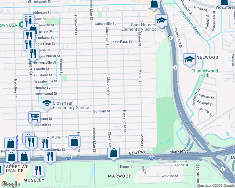 map of restaurants, bars, coffee shops, grocery stores, and more near 14443 Greenville Street in Houston