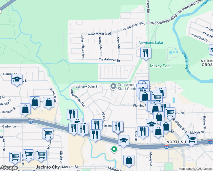 map of restaurants, bars, coffee shops, grocery stores, and more near 734 Coolwood Drive in Houston