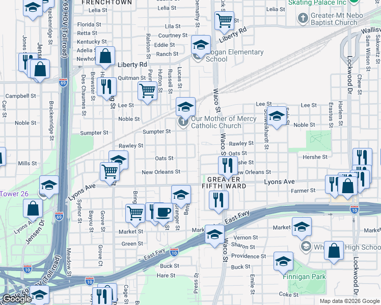 map of restaurants, bars, coffee shops, grocery stores, and more near 4103 Oats Street in Houston