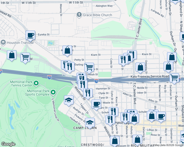 map of restaurants, bars, coffee shops, grocery stores, and more near 5721 Cornish Street in Houston