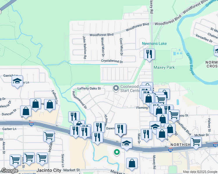map of restaurants, bars, coffee shops, grocery stores, and more near 734 Coolwood Drive in Houston