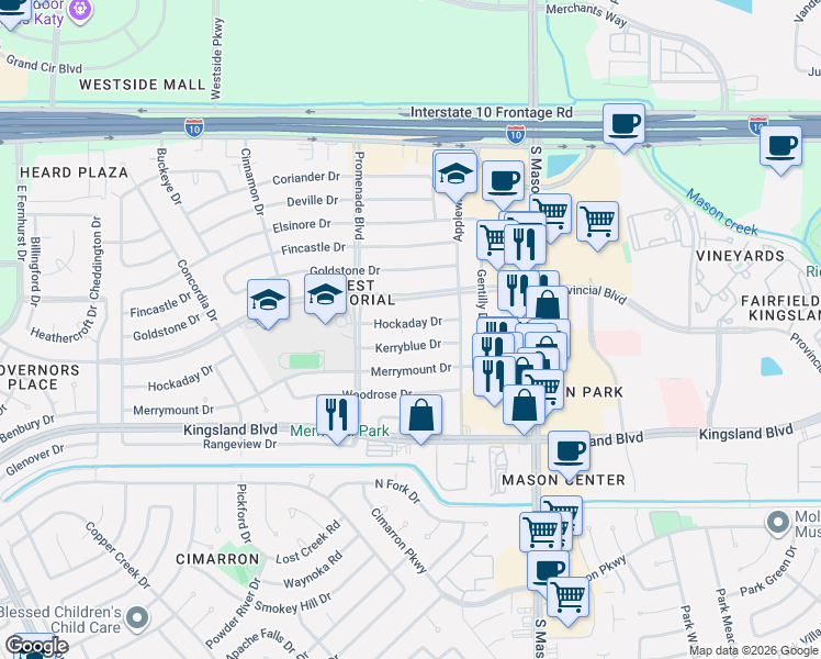 map of restaurants, bars, coffee shops, grocery stores, and more near 22202 Kerryblue Drive in Katy