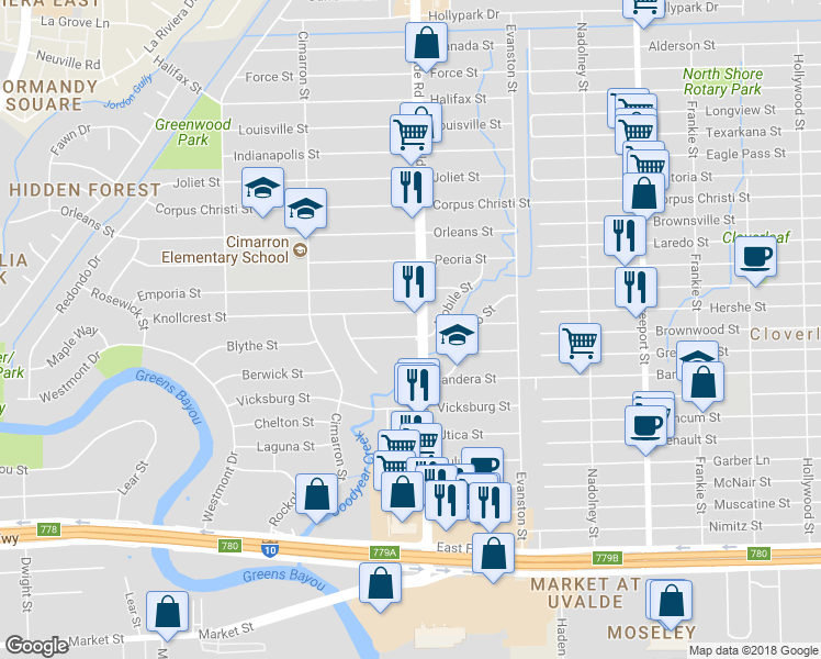 map of restaurants, bars, coffee shops, grocery stores, and more near 13379 Mobile Street in Houston