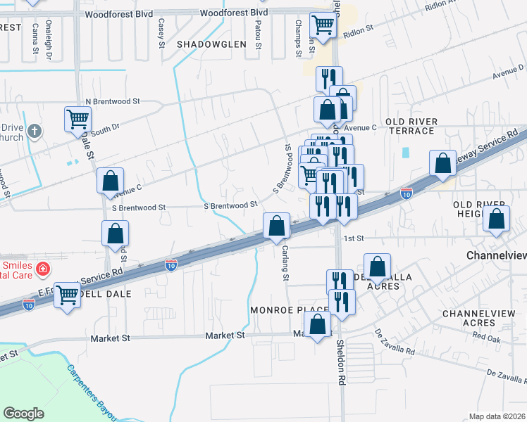 map of restaurants, bars, coffee shops, grocery stores, and more near 104 East Freeway Service Road in Channelview